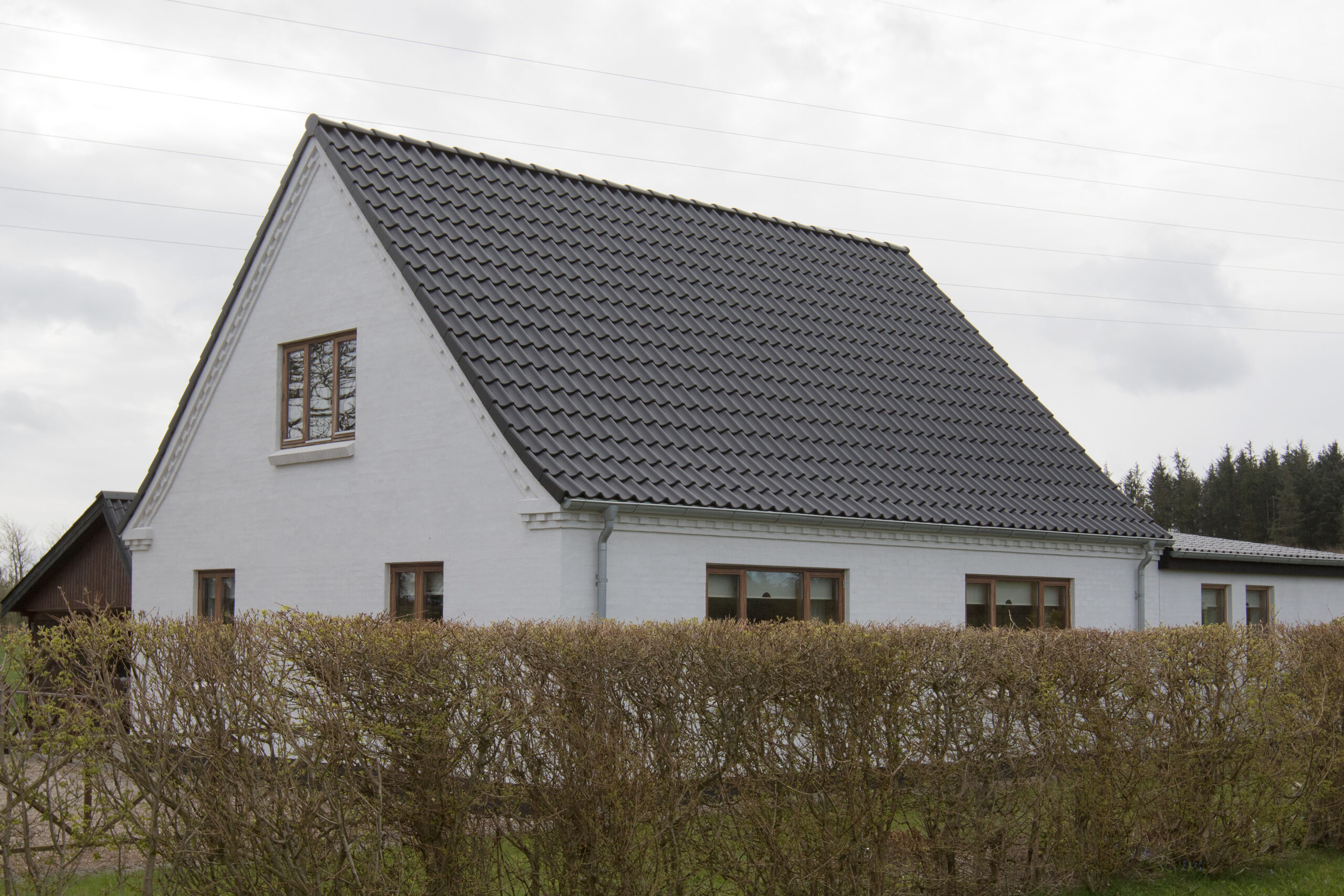 Hvidt hus med mørkt tegltag og hæk